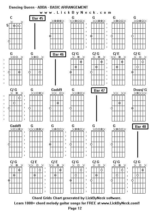 Chord Grids Chart of chord melody fingerstyle guitar song-Dancing Queen - ABBA - BASIC ARRANGEMENT,generated by LickByNeck software.